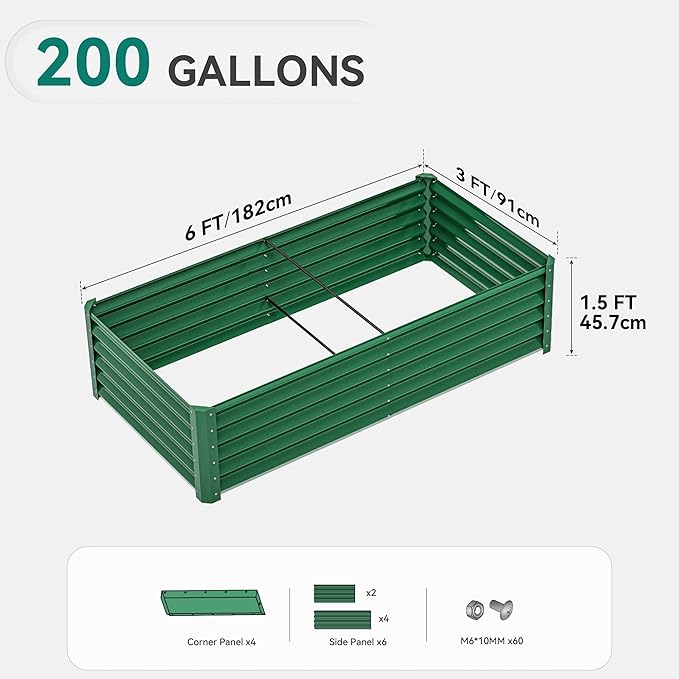 YITAHOME 6x3x1.5ft Large Raised Garden Bed Kit Galvanized Metal Planter Box with Gloves Ground Nails Support Rod Outdoor Above Ground Planters for Plants Vegetables Flowers Green