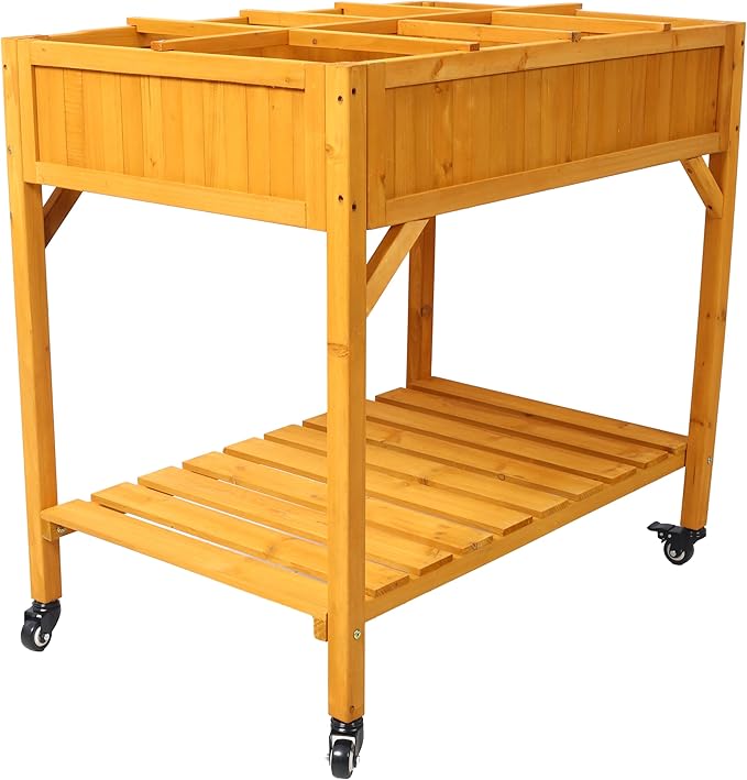 W/Lockable Wheels 8 Pocket Herb Garden Bed Wooden Frame Mobile Raised Customizable Storage Shelf Drainage Holesfor Planter Herbs Vegetables Flowers