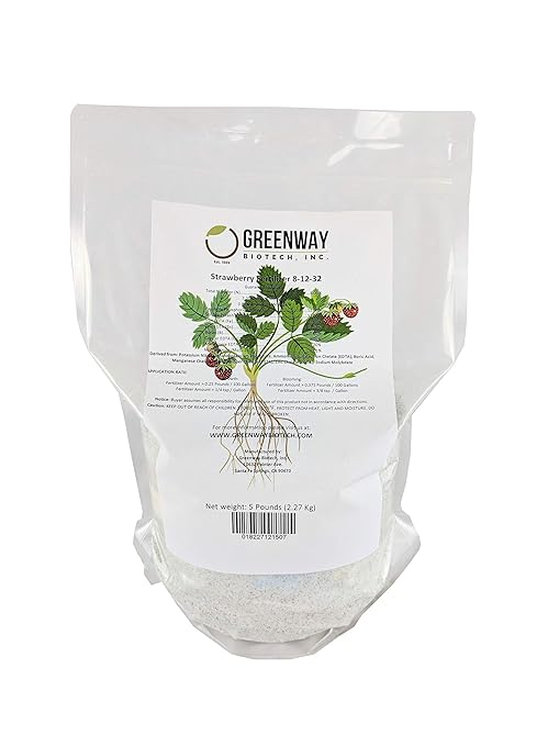 Greenway Biotech Inc. Strawberry 8-12-32 Fertilizer Powder 100% Water Soluble Plus Trace Minerals- Includes Essential Chelated Micronutrients for Tasty Fruits (5 Pounds 1000 Gallons)