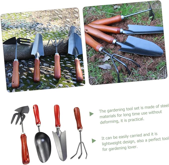 HOMSFOU Garden Tool Set 4pcs Small Hand Trowel Spade Shovel Rake Metal Gardening Tools for Planting Flower Beds and Soil Digging in Garden and Patio