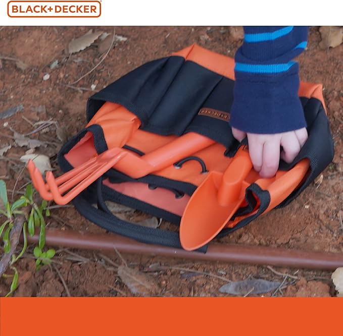 Black &amp Decker Four Piece Gardening Hand Toolset for Kids – Garden Tool Bag That Holds Plastic Hand Tools