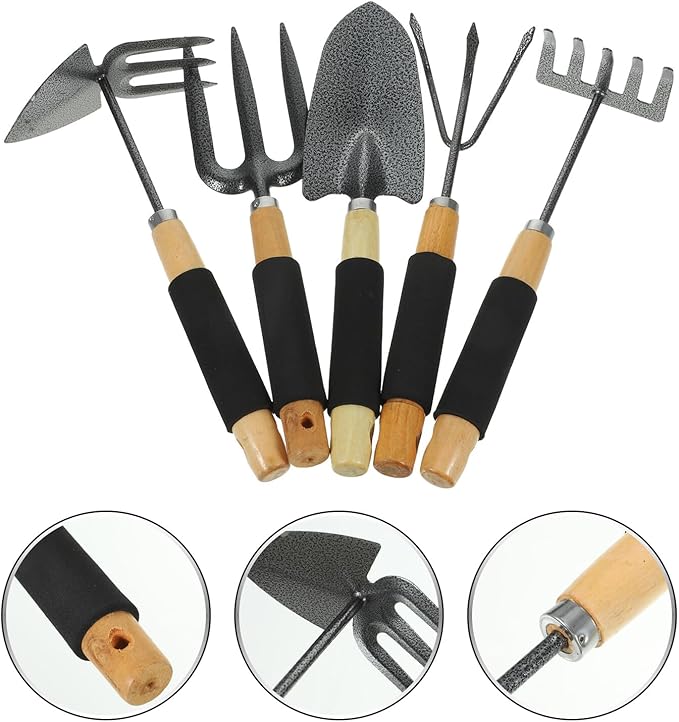 5pcs Garden Tool Set with Hand Rake Shovel Hoe Cultivator and Fork – Portable Gardening Hand Tools Kit for Planting Soil Loosening and Weed Removal in Home Gardens