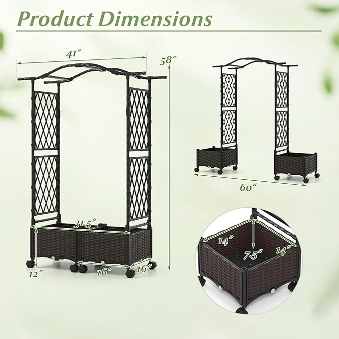 BECOMFORT Planter Box with Arch Trellis 58”H Self-Watering Tomato Planter w/Wheels Hanging Roof &amp Drainage Holes Outdoor Indoor Raised Garden Bed for Climbing Vines Perfect for Lawn &amp Back