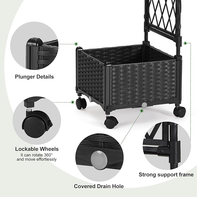 Planter Box with Trellis 4ft Tall Self-Watering Plastic Raised Garden Beds and Lattice Trellis with Lockable Wheels &amp Drain Plug for Outdoor Patio Backyard Balcony Black 1 Pc