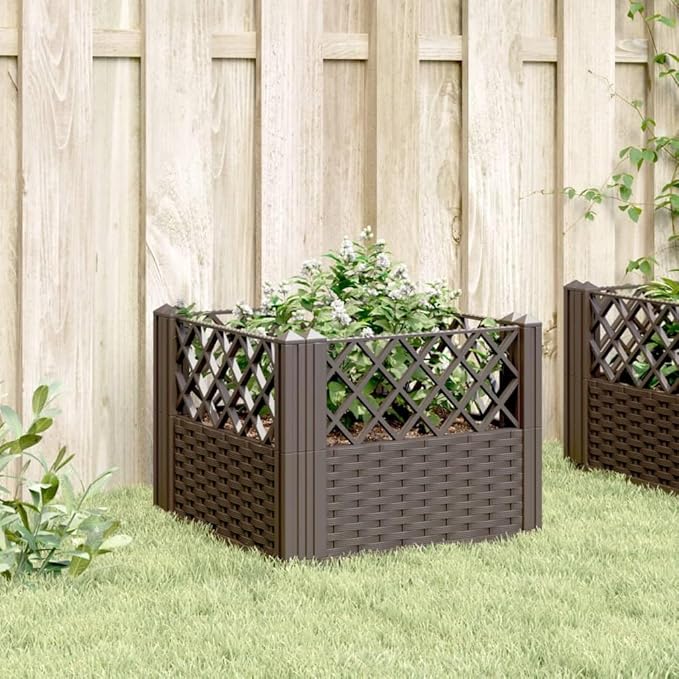 Garden Planter Brown Polypropylene 17.1 in Square Modular Raised Garden Bed for Outdoor Plants Basketweave Texture