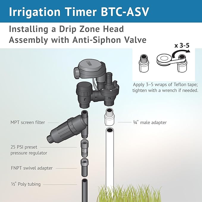 DIG BTC-ASV Bluetooth Battery Powered Weatherproof Wireless Irrigation Controller w/ Anti Siphon Valve - Smart Easy-to-Use Compatible with Residential Drip and Sprinkler Irrigation Systems