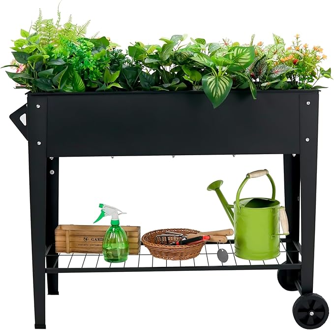 Elevated Raised Garden Bed with Legs and Wheels Mobile Metal Planter with Storage Shelf for Patio Backyard and Balcony Powder-Coated Black for Growing Vegetables Herbs and Flowers