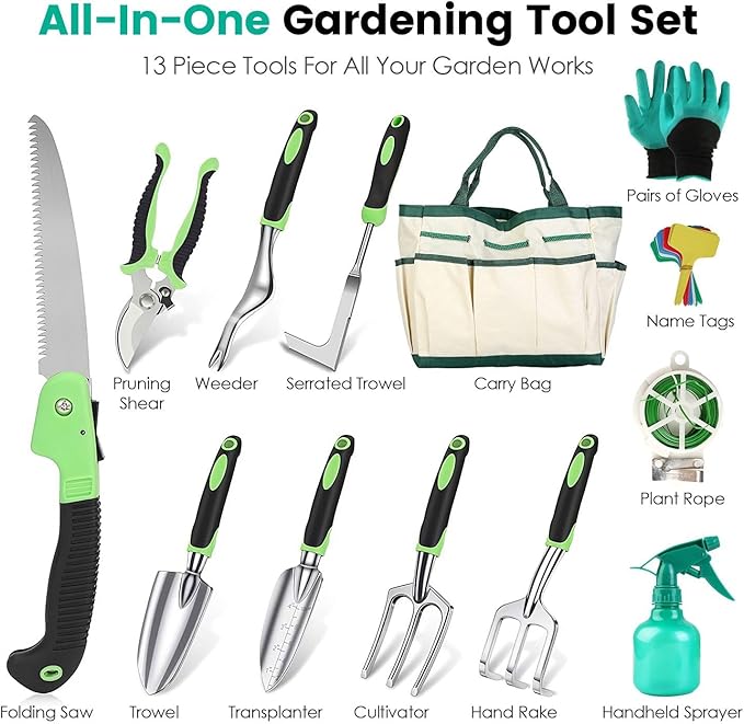 Heavy Duty Aluminum Alloy Garden Tools Set - 13Pcs Rustproof Gardening Hand Kit with Ergonomic Handle Includes Storage Tote Bag Pruning Shears Trowel for Outdoor Planting
