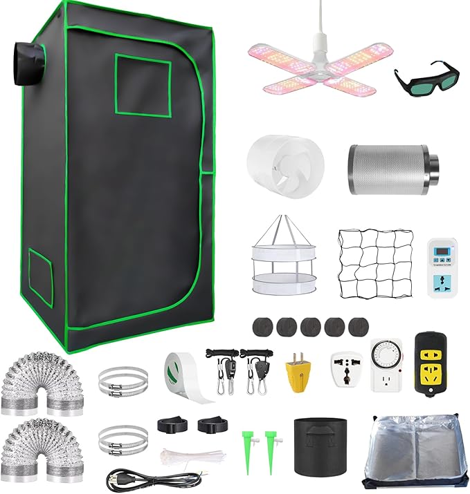 Grow Tent Kit Complete 2.7x2.7 ft High Reflective Mylar Hydroponics Indoor Plant Growing Tent with LED Grow Light Ventilaion Fan Growing System+Accesseries (32 x 32 x 63 + Carbon Filter)