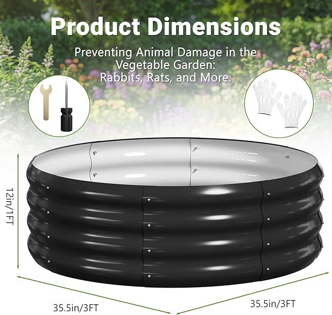 DoCred 3 Pack 3x3x1Ft Round Galvanized Raised Garden Bed Metal Garden Bed Outdoor Kit for Gardening Above Ground Planter Box for Plants Vegetables Herbs Flowers Black
