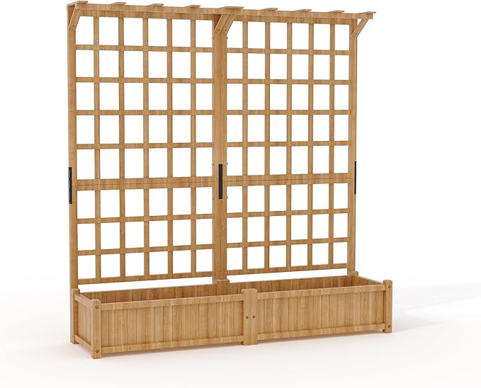 Two-Tier Wooden Planter Box with Trellis for Outdoor Gardens Elevated Raised Bed for Flowers and Vegetables 1.4Ft Deep Planter with Hanging Roof &amp Drainage Holes