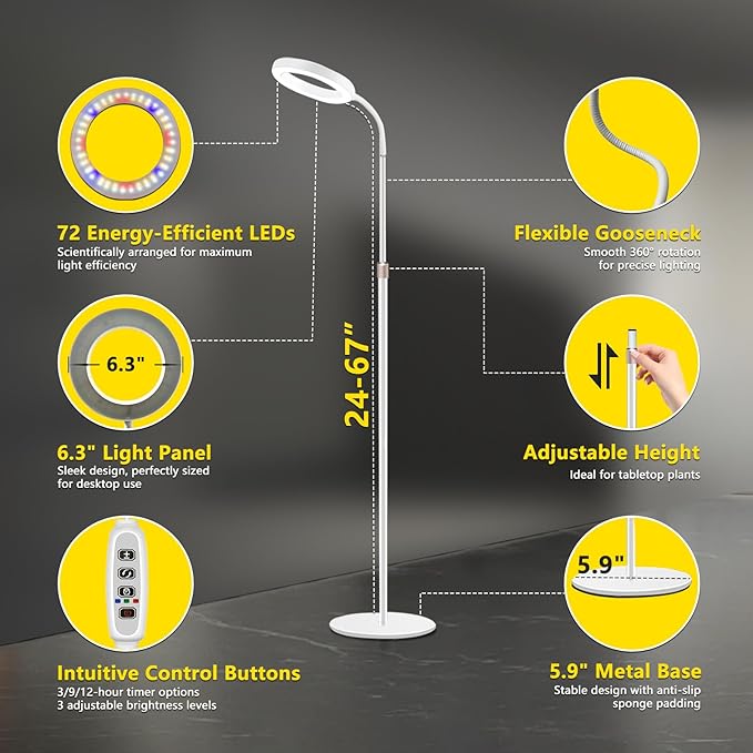 Floor Grow Lights for Indoor Full Spectrum Plant Lighting with Adjustable 67 Stand for Growing Large Tall Plants 3/9/12H Timer3 Light Modes 10 Dimming