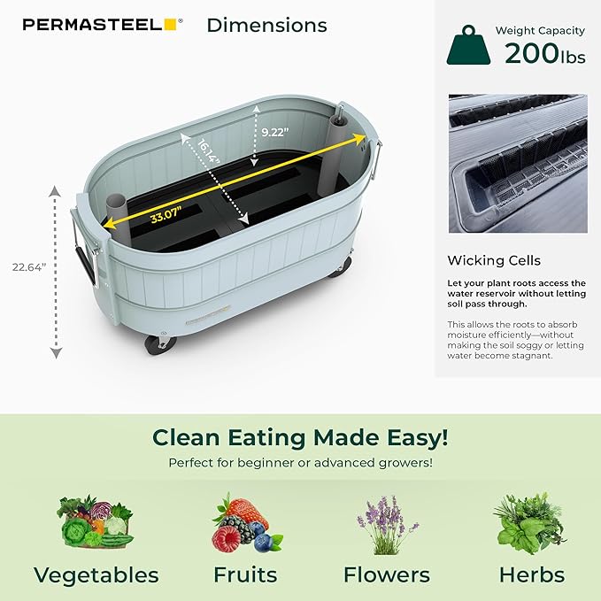 Permasteel Self-Watering Garden Bed Rolling Planter for Vegetables Flowers Herbs and Fruit Outdoor Indoor Caster Wheels Blue