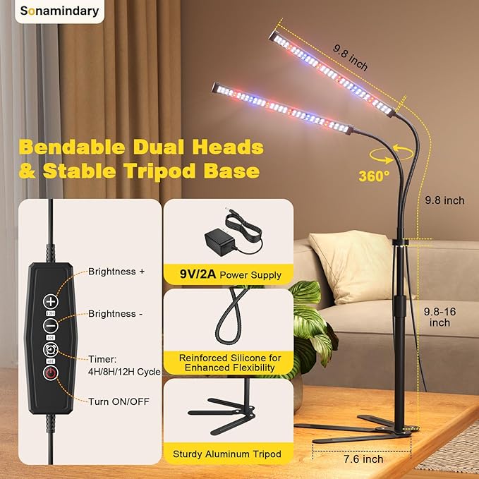 Grow Lights for Indoor Plants 9V 5700K 120LEDs Full Spectrum Plant Lights for Indoor Growing Height Adjustable 9.8-35'' with Stable 360° Flexible Arm Auto 4/8/12H Timer 5 Brightness Levels