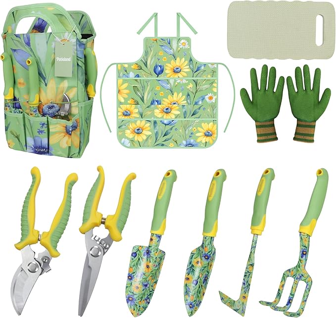 10-Piece Garden Tool Set – Green Floral Print Gardening Hand Tools with Non-Slip Handles Heavy Duty Rust-Proof Aluminum Tools Organizer Tote Bag Ideal Gardening Gifts for Women &amp Grandma