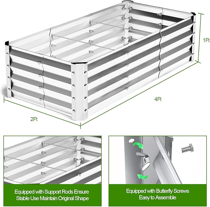 Highpro Galvanized Raised Garden Bed Kit 4×2×1ft Planter Box for Outdoor Gardening and Planting Large Bottomless Metal for Vegetables Herb Fruits Flower Silver