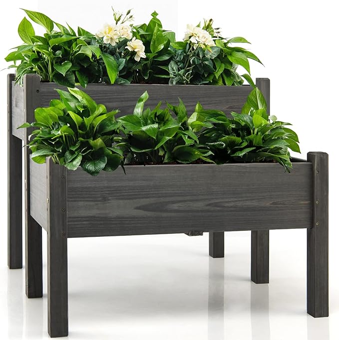 RELAX4LIFE 2-Tier Raised Garden Bed - Fir Wood Garden Elevated Planter Box with Legs 8 Drainage Holes220 Capacity for Growing Vegetable Elevated Garden Bed for Outdoor Yard Patio Balcony (Gray)