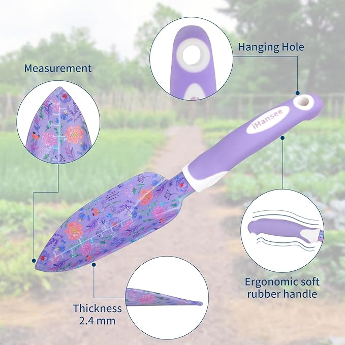 Purple Garden Tool Sets 10-Piece Aluminum Alloy Steel Hand Tools w/Non-Slip Ergonomic Handle Floral Print Garden Supplies Organizer Handbag Cute Gardening Tools Gift for Women Grandmother