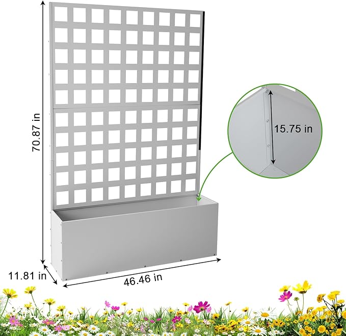 Metal Raised Garden Bed with Trellis - Tall Trellis Planter Box for Climbing Plants Vegetables &amp Vines Outdoor Privacy Planters for Patio 72.83x46.46x11.81 White