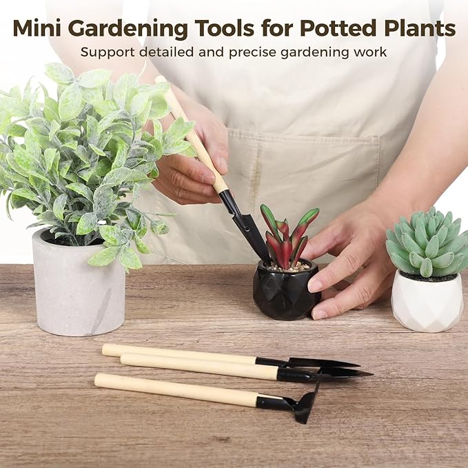 Steel Hand Tool Kit 8 Sets Mini Garden Tools Portable with Rake Trowel Shovel Wooden Handle Indoor Plants Bonsai Succulents Herbs Small Pot Gardening for