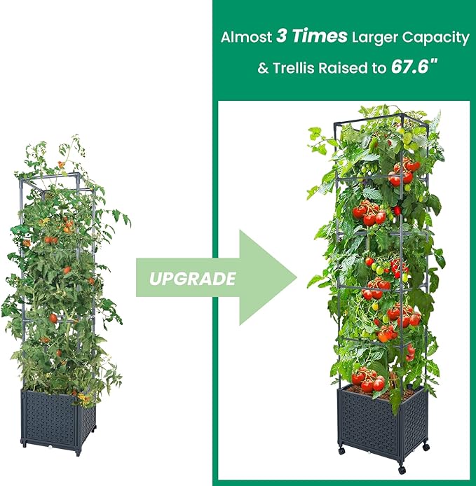 GREEN MOUNT Raised Garden Bed Planter Box with Trellis for Climbing Vegetables Plants 67.6 Outdoor Tomatoes Planters Tomato Cage w/Wheels