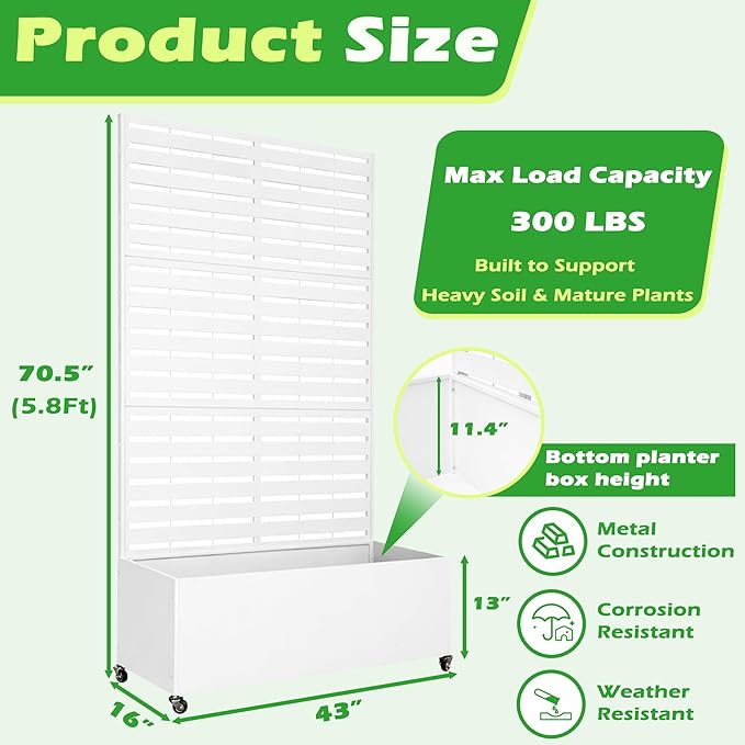 Metal Planter Box with Trellis 43” L x 16” W x 71” H Raised Garden Bed with Wheels Privacy Planters for Patio Metal Planter Box with Drainage Holes White
