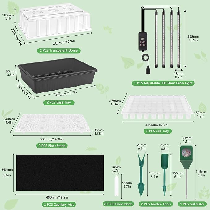 120-Cell Self-Watering Seed Starter Tray with Grow Light 1–24H Timer Humidity Dome Soil pH Meter Gloves Seedling Tools – Indoor Seed Starting Kit for Plant Germination Herbs Vegetables Flowers