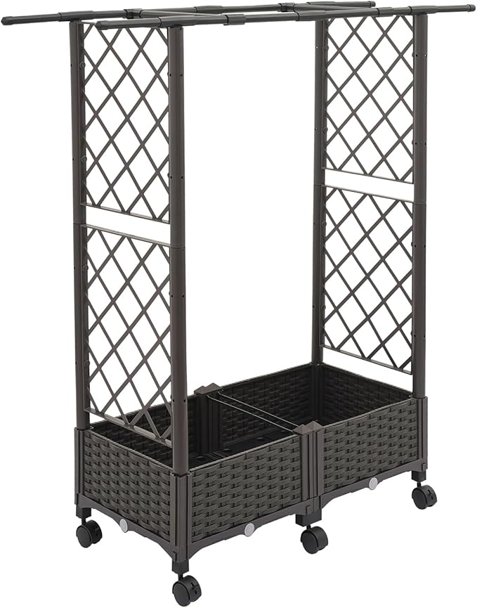 Mobile Planter Box with Trellis Vertical Garden Bed with Wheels for Climbing Plants Indoor Outdoor Vegetable Flower Pot for Balcony Patio Backyard Brown