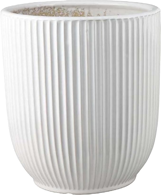 Accent Planter Set of 2 White Ceramic Vertical Ribbed Texture