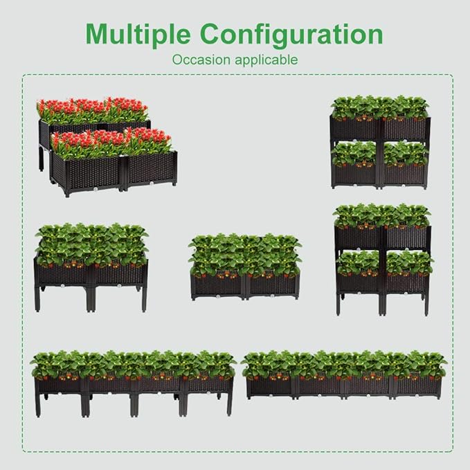 VINGLI Square Raised Garden Bed Self-Watering Plastic Planter for Indoor Outdoor Vegetables Fruits Potato Flowers All Weather (4 Pcs)