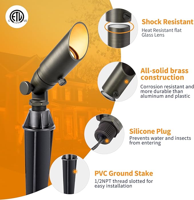 Low Voltage Brass Landscape Spotlights - Waterproof 12V LED Uplights for Garden Yard Tree House - 5W 2700K Warm White MR16 Bulb Outdoor Lighting (Bronze 04)