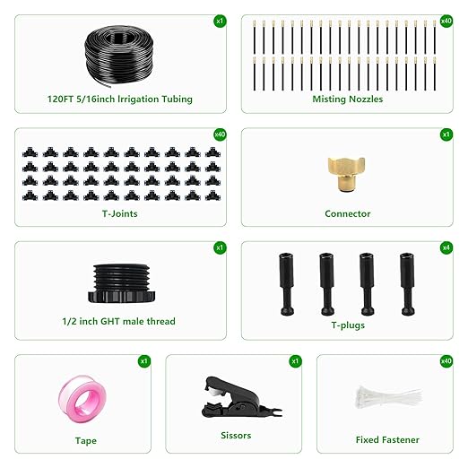 120FT Drip Irrigation System for Garden – Automatic Watering Kit with Solid Brass Metal Connectors 360° Bendable Tubing &amp40 Adjustable Nozzles for Greenhouse Lawn Yard &amp Plants