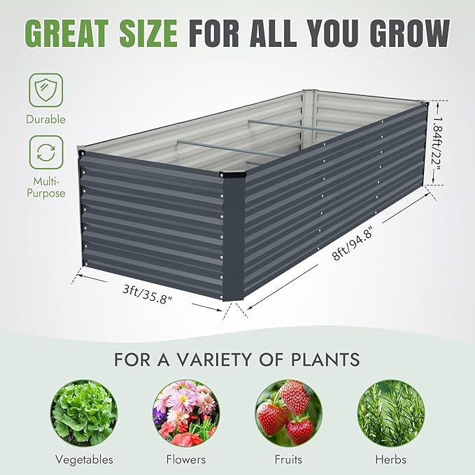 INNO STAGE 8x3x2ft Galvanized Raised Garden Bed Raised Garden Bed Kit-Metal Planter Box Outdoor Planting for Vegetables Fruits Herbs Flowers Grey