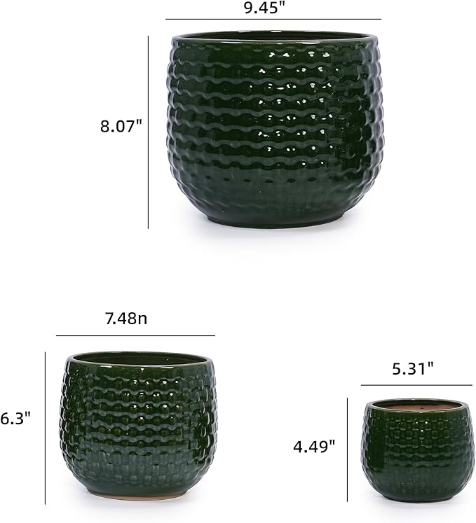 Handmade Glazed Ceramic Planter Set of 3 975 Inch Diameter Dark Green Solid Glossy for Succulents Herbs Outdoor Patio Indoor Staircase Use Breathable Clay with Drainage Holes
