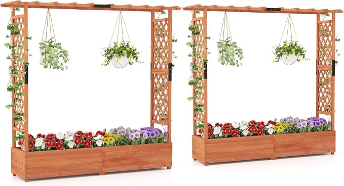 S AFSTAR 2 Pieces Raised Garden Beds with Arch Trellis Hanging Roof &amp Drainage Holes 77-Inch Vertical Plant Container for Vine Climbing Plant Flower Outdoor Wood Elevated Planter Box for Garden
