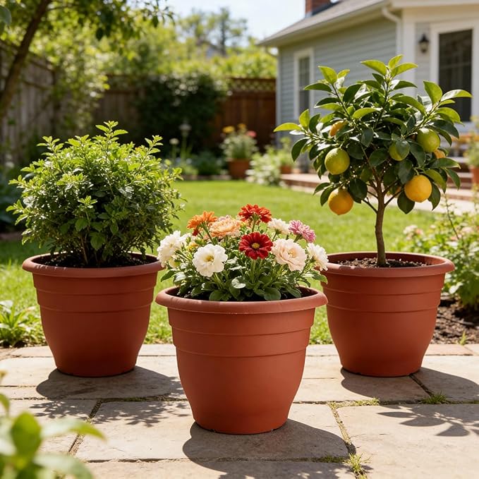 3 Pack Large 16 Inch Plastic Plant Pots for Outdoor PlantsDurable &amp Lightweight Flower Pots with Drainage HolesWeather-Resistant Large Planters for Patio Garden(Brick Red)