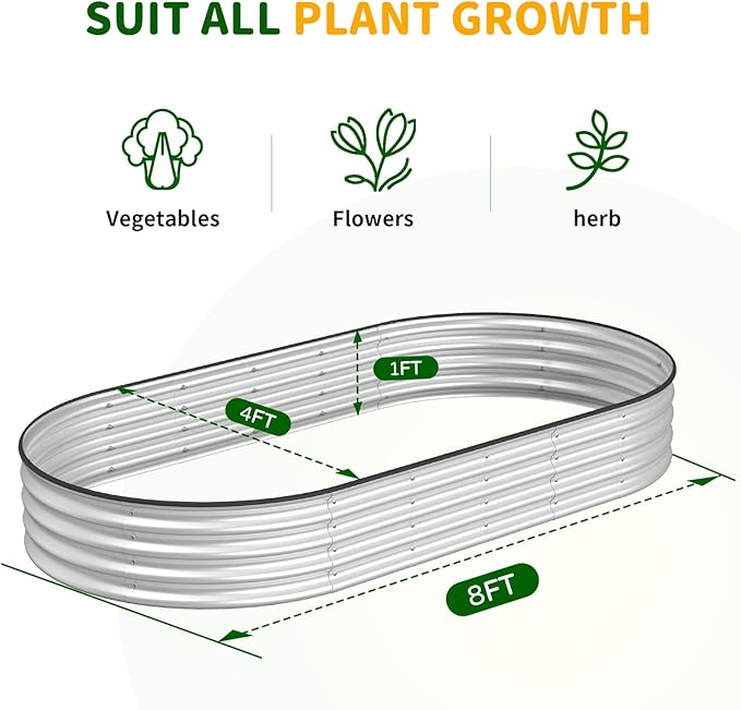 SHAREWIN Oval Galvanized Planter Raised Metal Garden Bed Kit for Gardening Outdoor8x4x1ft Planter Grow Garden Box Raised Flower Bed(6 PCS)
