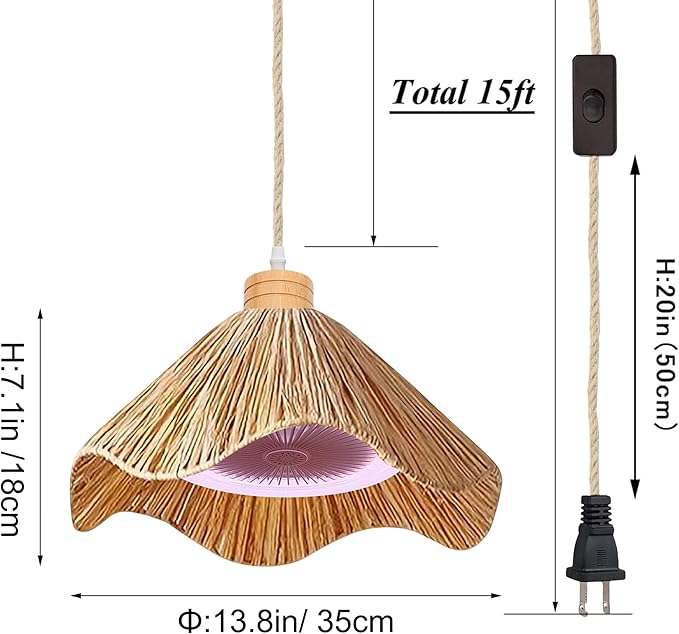 30W Full-Spectrum Lamp with 4 W Fan Timer Swag Hanging Boho Plant Growing Light by Remote Control Plug-in Hemp Rope Cord Dimmable Natural Cone Shade for Indoor Planting Portable
