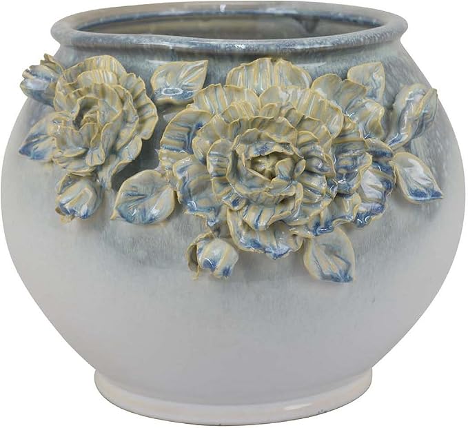 Accent Planter Floral Applique Design 12 Inch White Ceramic
