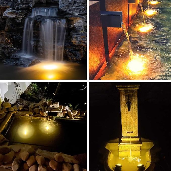 Pond Lights Submersible LED Fountain Light Warm White Yard Spot Lights Waterproof Outdoor Spotlights for Yard Landscape Water Pond Fountain Waterfall 6 Lights