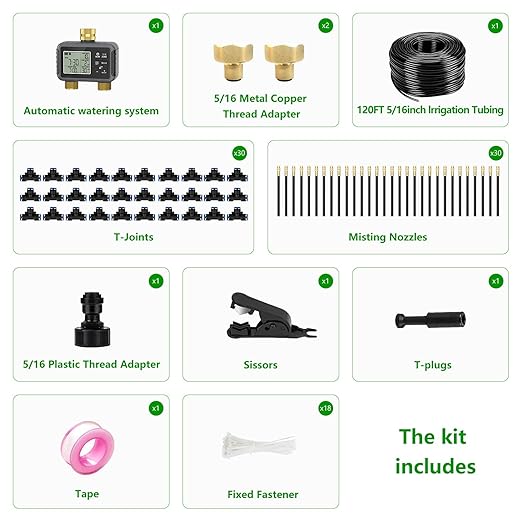 120FT Drip Irrigation System with Smart Water Timer – Automatic Garden Watering Kit with Dual Metal Tube Brass Connectors 360° Adjustable Nozzles &amp Bendable Tubing for Garden Greenhouse &amp La