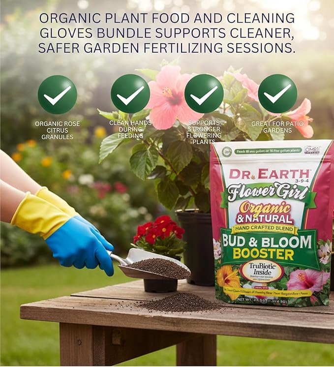 Dr. Earth Flower Girl Organic Granules Rose Citrus Plant Food 4 lb Bundle with Cleaning Gloves for Rose Fertilizer Support &amp Garden Use — Gift Set (2 Items)