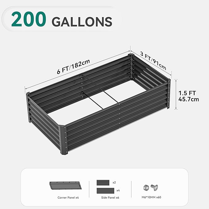 YITAHOME 72x36x18 in 2pcs Galvanized Raised Garden Bed Kit Large Metal Planter Box with Gloves &amp Support Rod Outdoor Flower Bed for Plants Vegetables Black