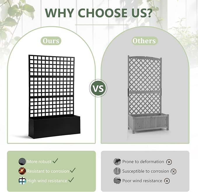 Metal Privacy Planter Box with Trellis Raised Garden Bed Privacy Screen with Drainage Holes Outdoor Metal Planter Box for Climbing Plants Patio &amp Garden 70 x 46 x 12 Black (2)