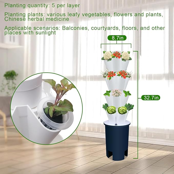 hydroponics Growing 20 Pods Vertical Hydroponics Tower Indoor Smart Garden Planter Hydroponic Growing Kits with Hydrating Pump Adapte