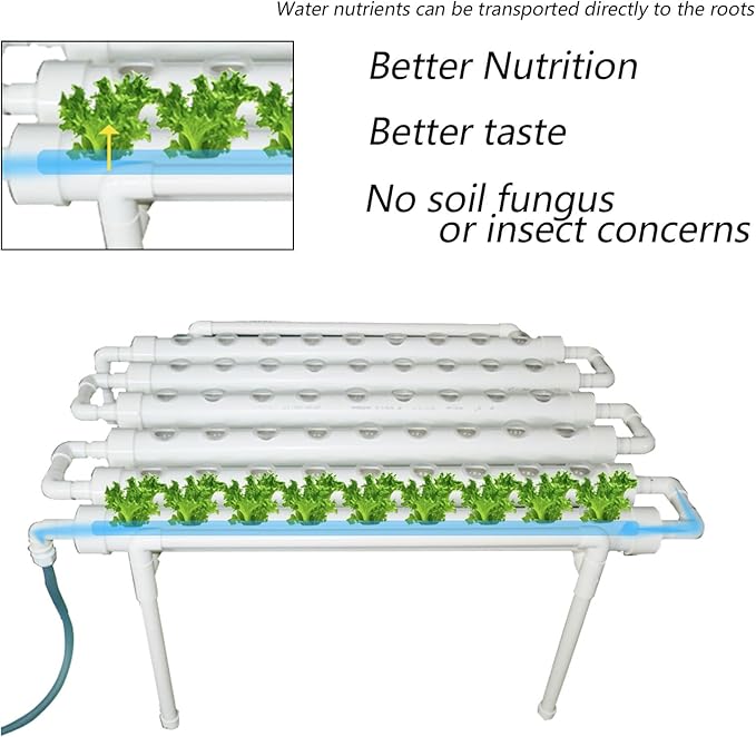 INTBUYING Hydroponics Growing System 54 Holes 6 Pipes 1 Layer Plant Site Grow Kit Hydroponic Gardending System Horizontal with Water Pump Nest Basket and Sponge