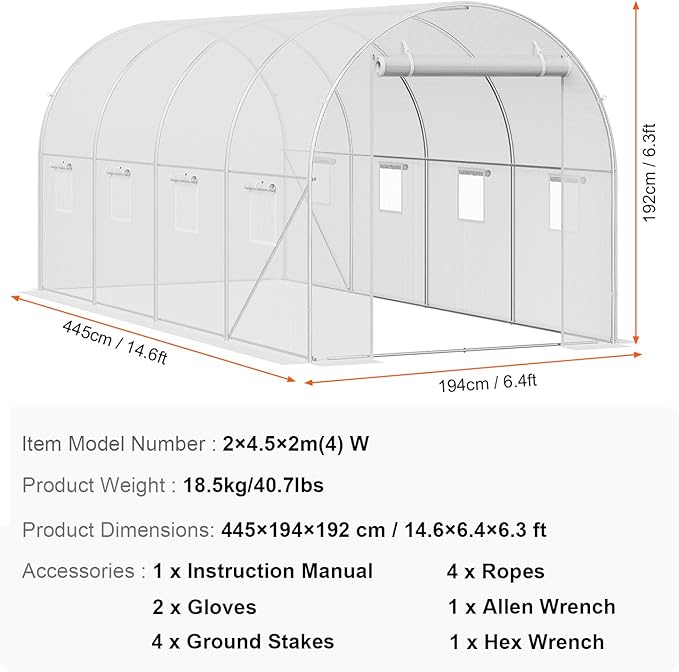VEVOR Walk-in Tunnel Greenhouse 14.6x6.4x6.3 ft Hoop House Greenhouse Tunnel Plant Hot House with Galvanized Steel Frame White PE Cover Roll-up Zipper Door and 8 Windows for Outdoor
