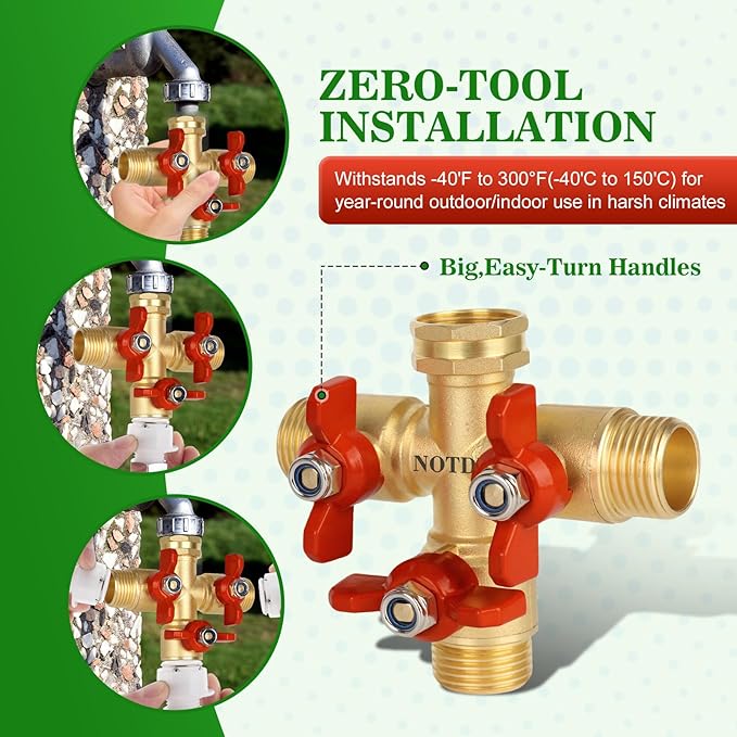 3 Way Hose Splitter Solid Brass High Volume 3 Way Hose Splitter Valve with Metal Handle Heavy Duty High Flow Spigot Splitter with Shut off Valve 3/4 Inch Garden Tap Splitter