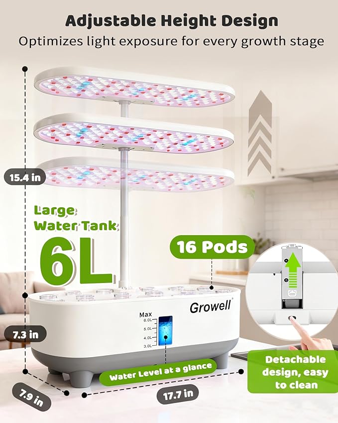 Hydroponics Growing System Kit 16 Pods Vertical 8L Indoor Gardening System for Herb Vegetable Fruit with LED Grow Light Smart Water Circulation 3 Light Modes &amp 2 Timer White