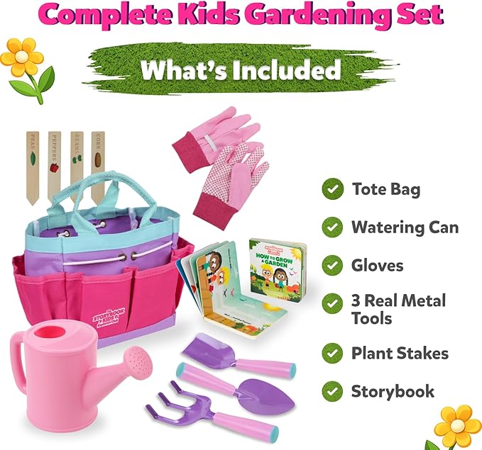 Pink Kids Gardening Tools - Includes Sturdy Tote Bag Watering Can Gloves Shovels Garden Stakes and a Delightful Children's Book How to Garden Tale - Kids Garden Tool Set for Toddler Age on up.